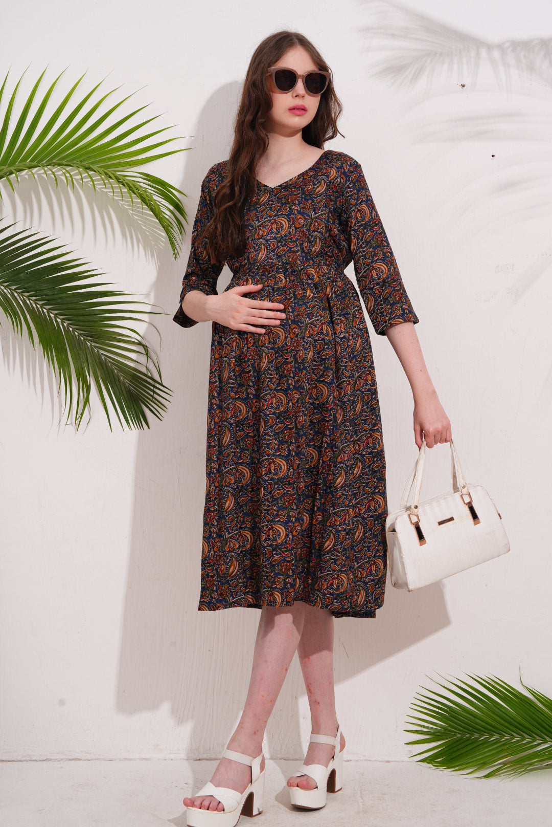 Navy Blue-Colored Maternity 3/4th Gown