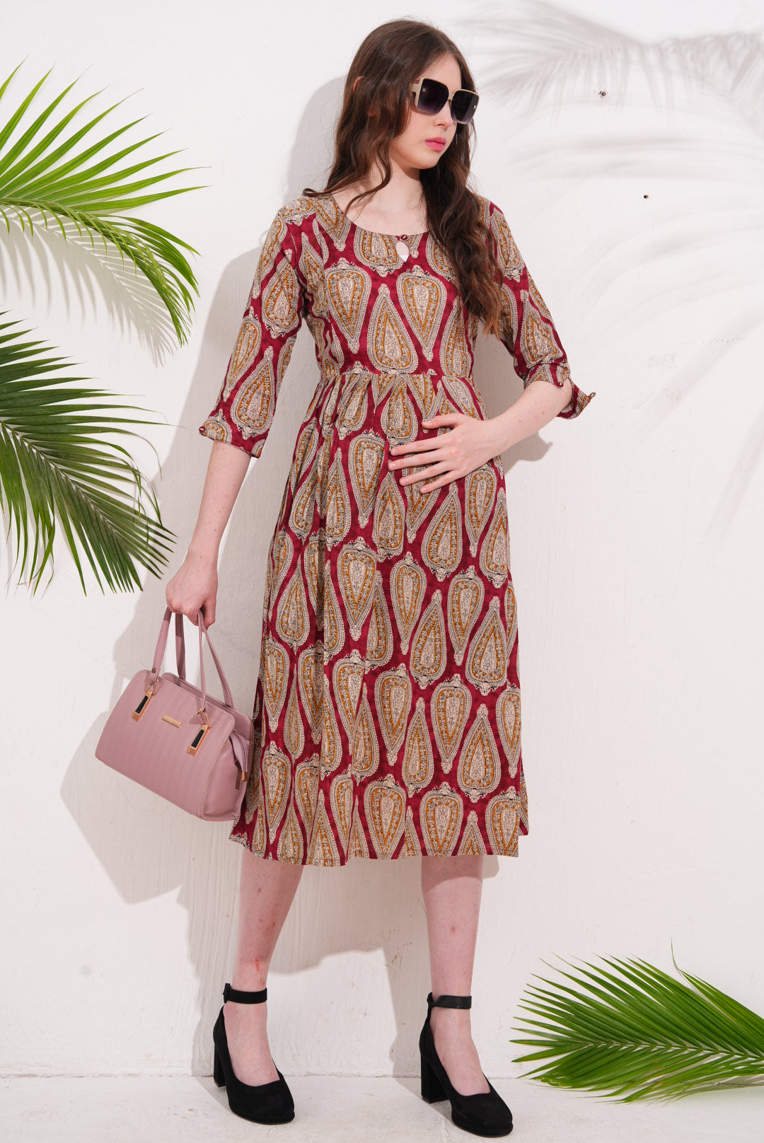 Red-Colored Maternity 3/4th Gown
