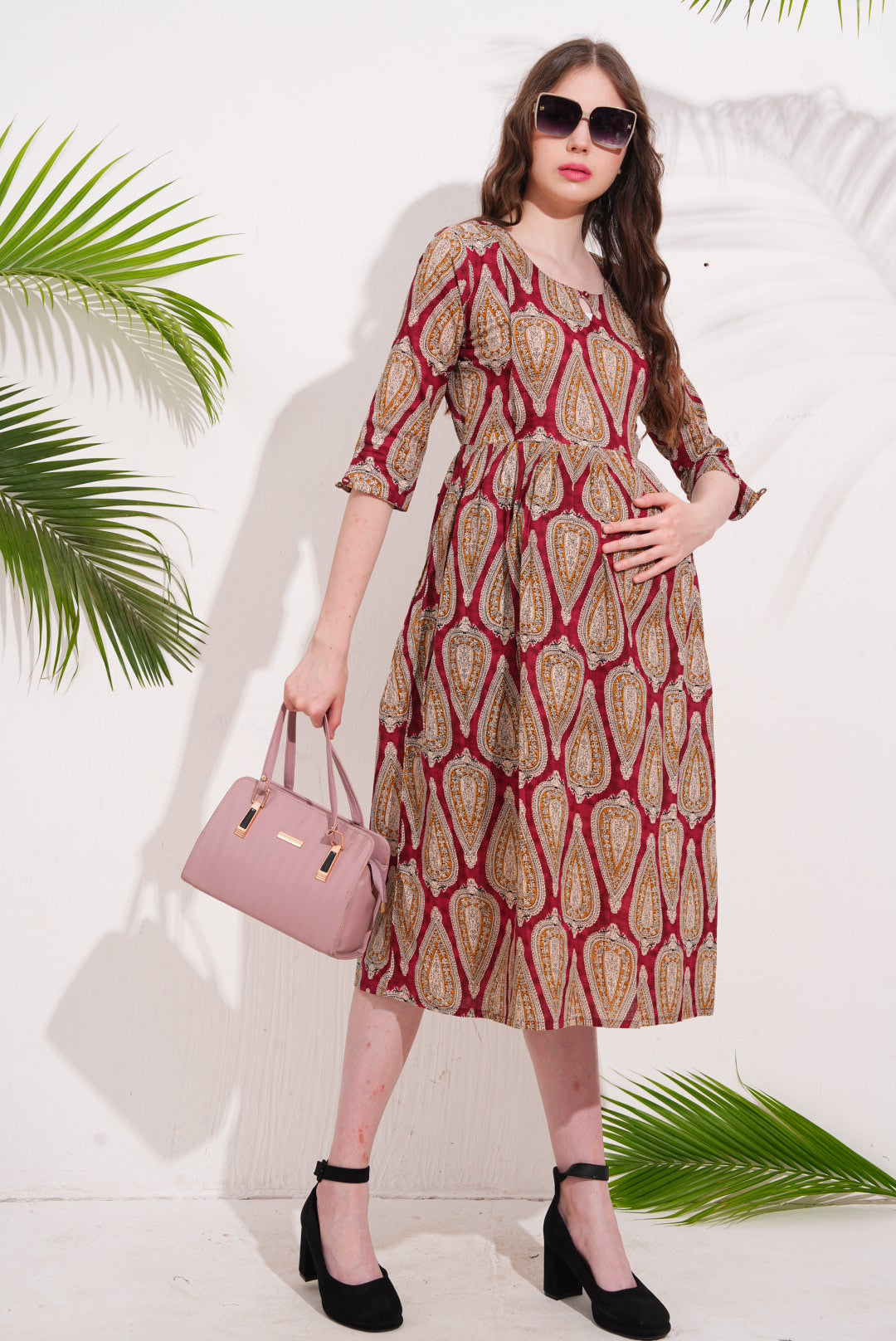 Red-Colored Maternity 3/4th Gown