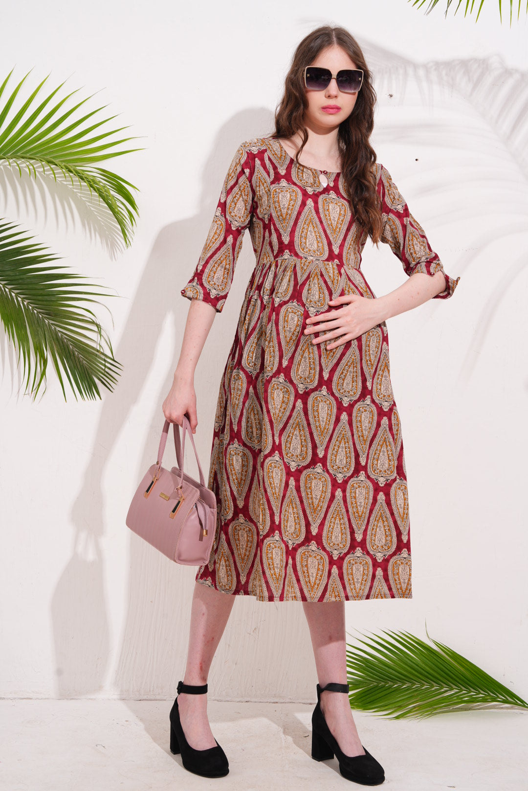 Red-Colored Maternity 3/4th Gown