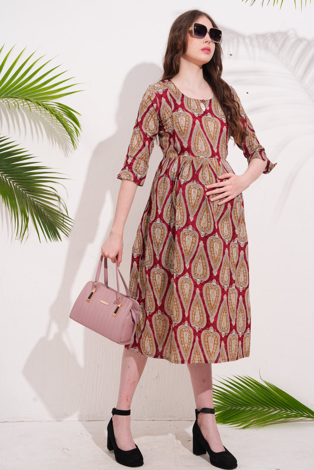 Red-Colored Maternity 3/4th Gown