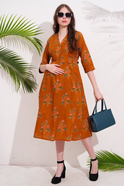 Mustard-Colored Maternity 3/4th Gown