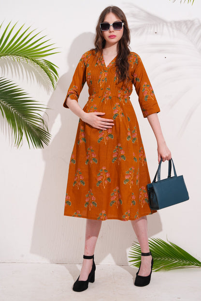 Mustard-Colored Maternity 3/4th Gown