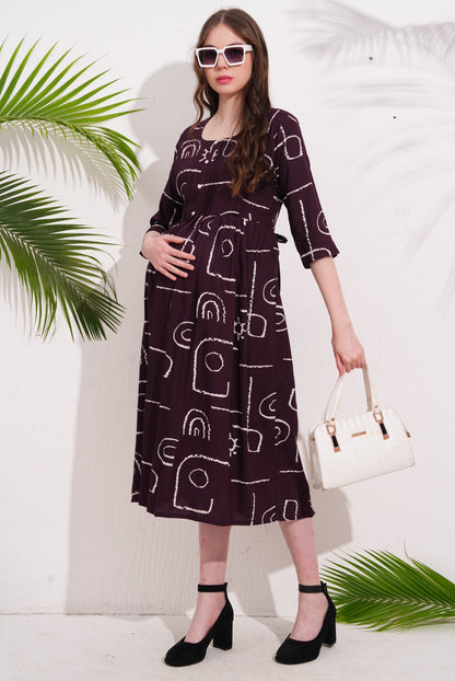 Wine-Colored Maternity 3/4th Gown