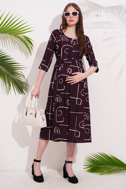 Wine-Colored Maternity 3/4th Gown