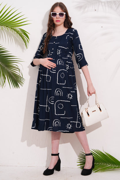 Navy Blue-Colored Maternity 3/4th Gown