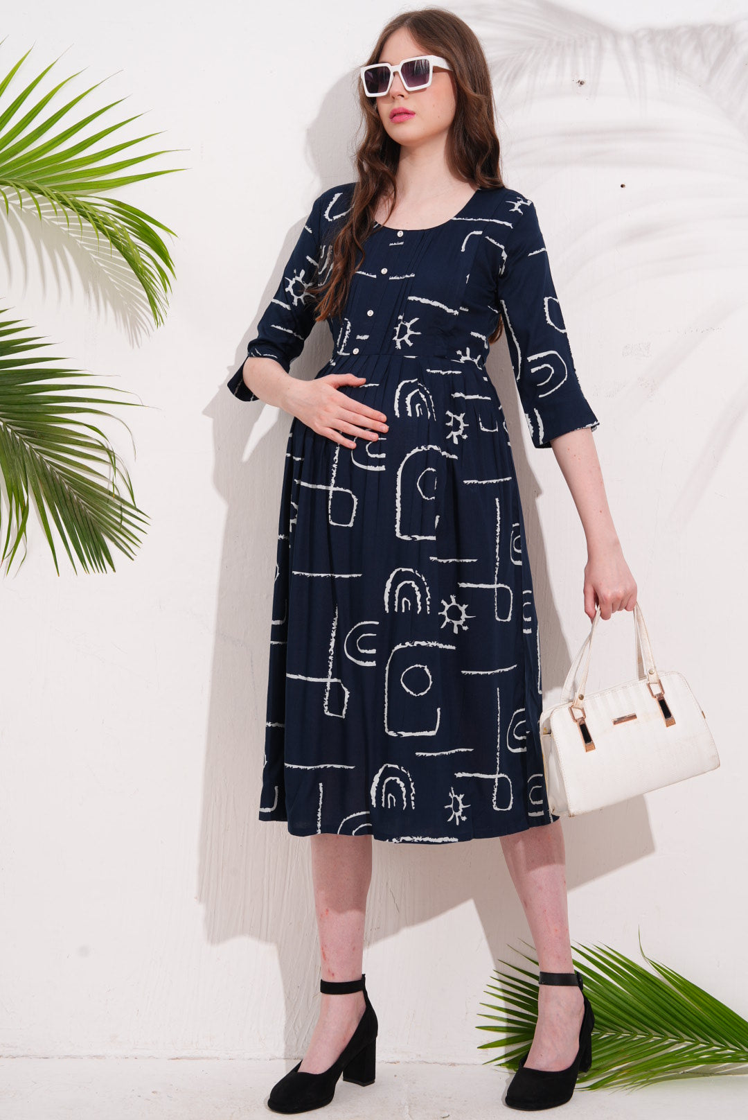 Navy Blue-Colored Maternity 3/4th Gown