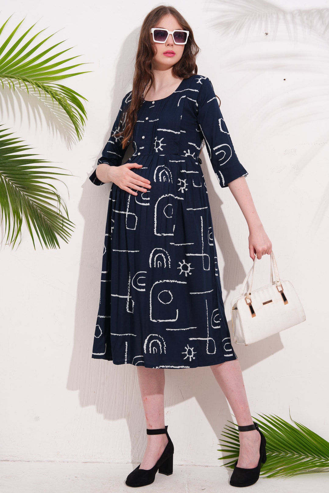 Navy Blue-Colored Maternity 3/4th Gown