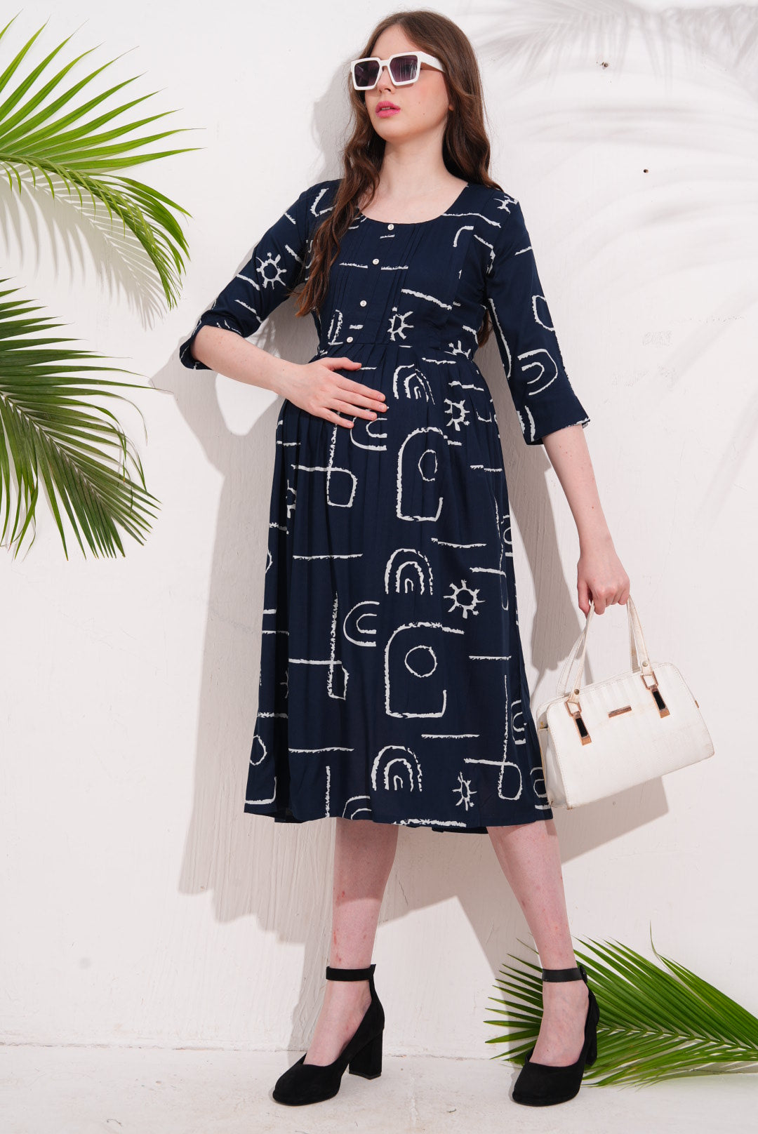 Navy Blue-Colored Maternity 3/4th Gown