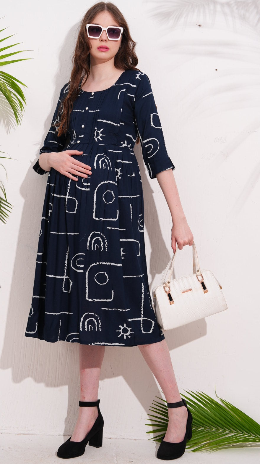 Navy Blue-Colored Maternity 3/4th Gown