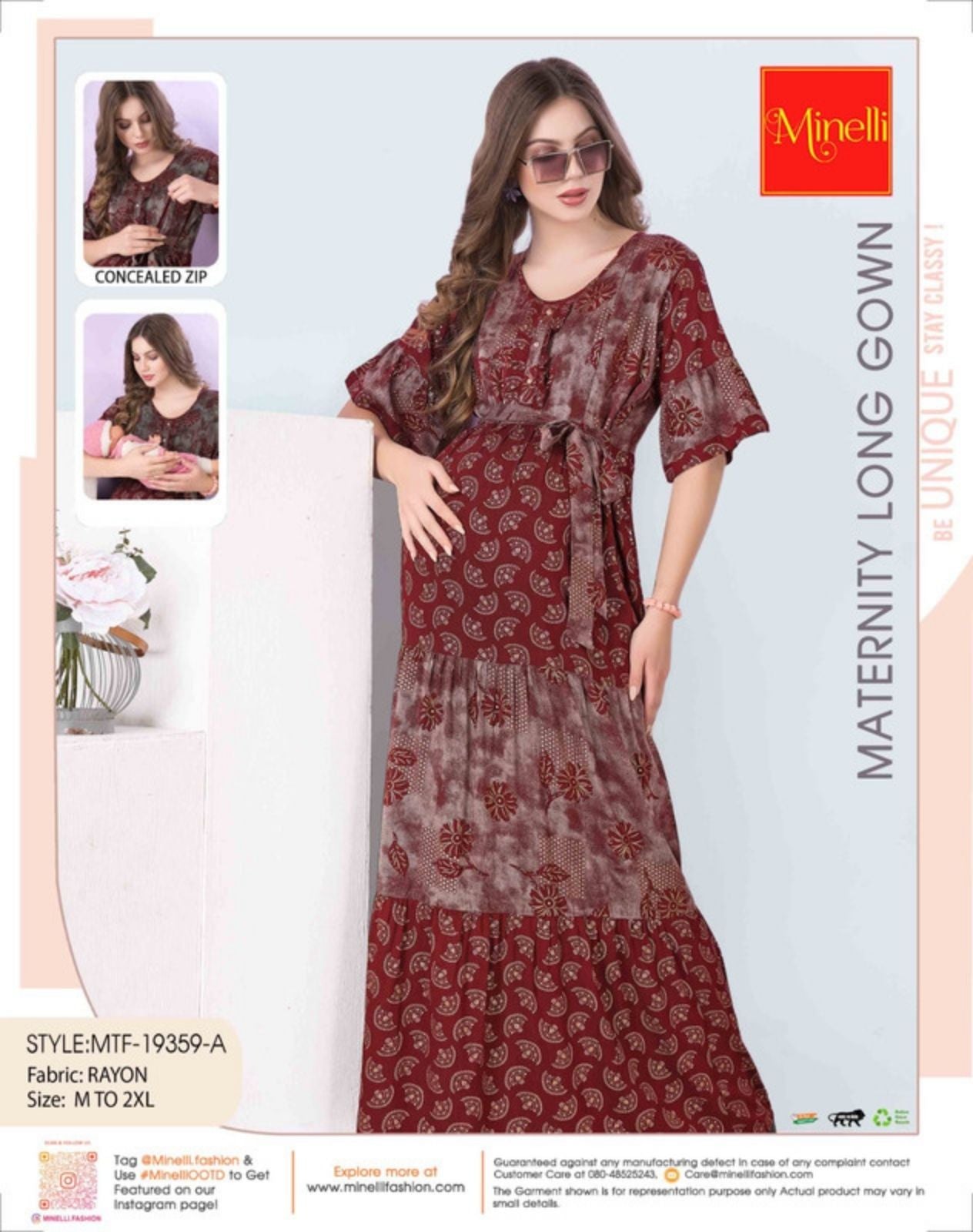 Maroon-Colored Maternity Long Gown