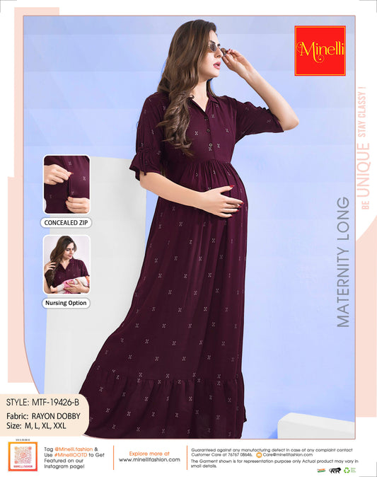 Maroon-Colored Maternity Long Gown