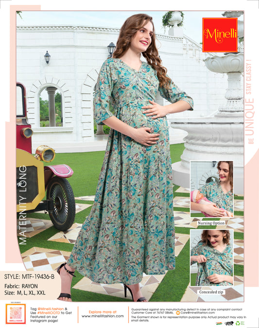 Womens Printed Maternity Long Gown - Sea Green