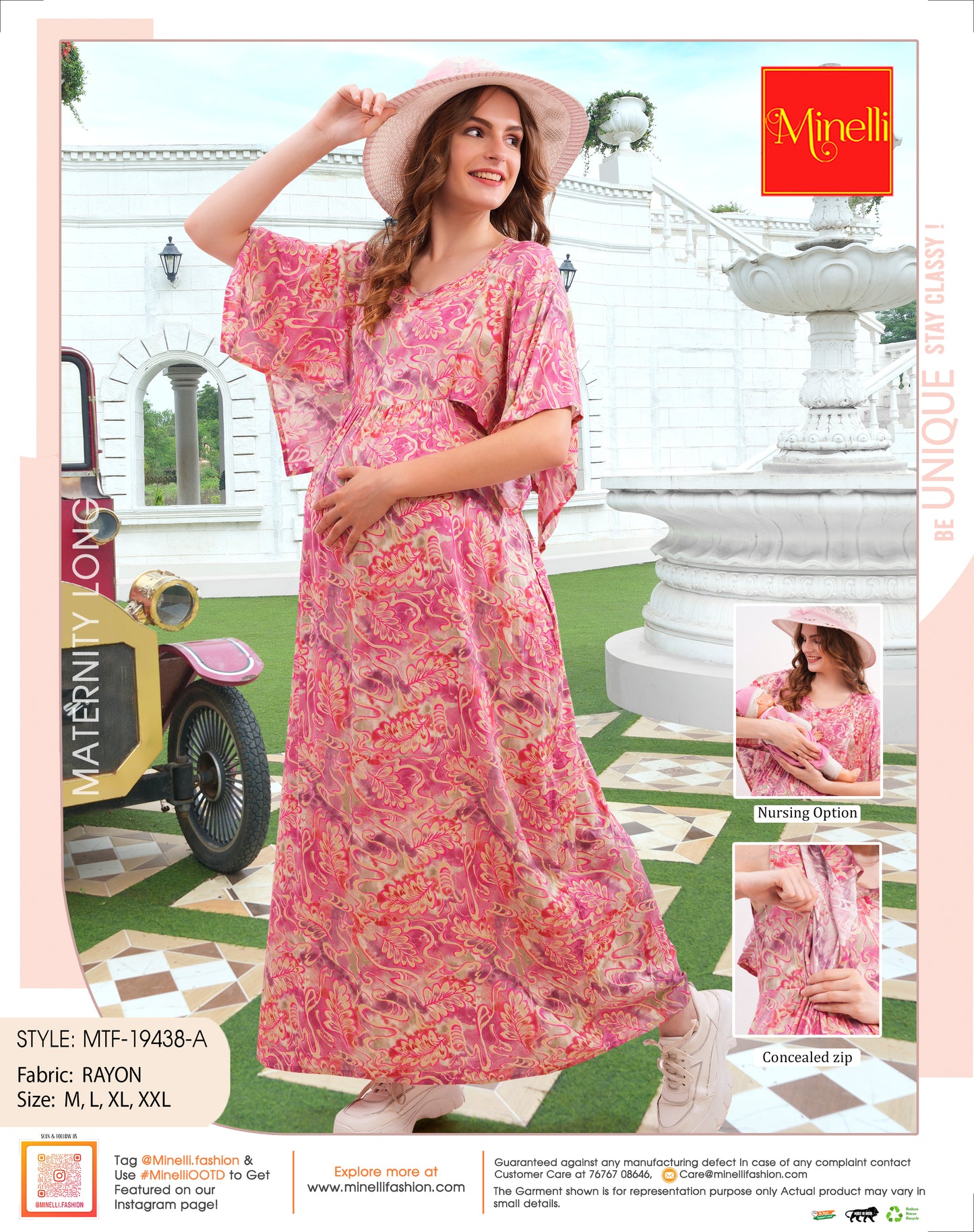 Womens Printed Maternity Long Gown - Pink