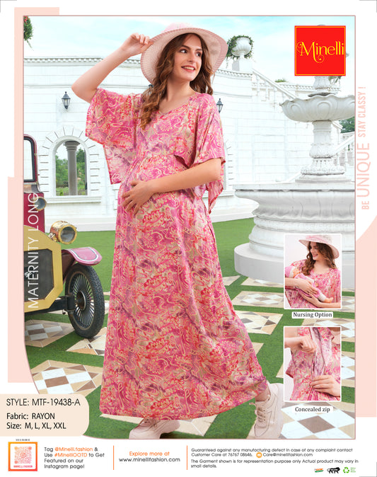 Womens Printed Maternity Long Gown - Pink