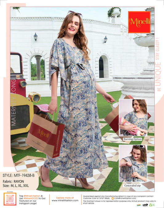 Womens Printed Maternity Long Gown - Blue