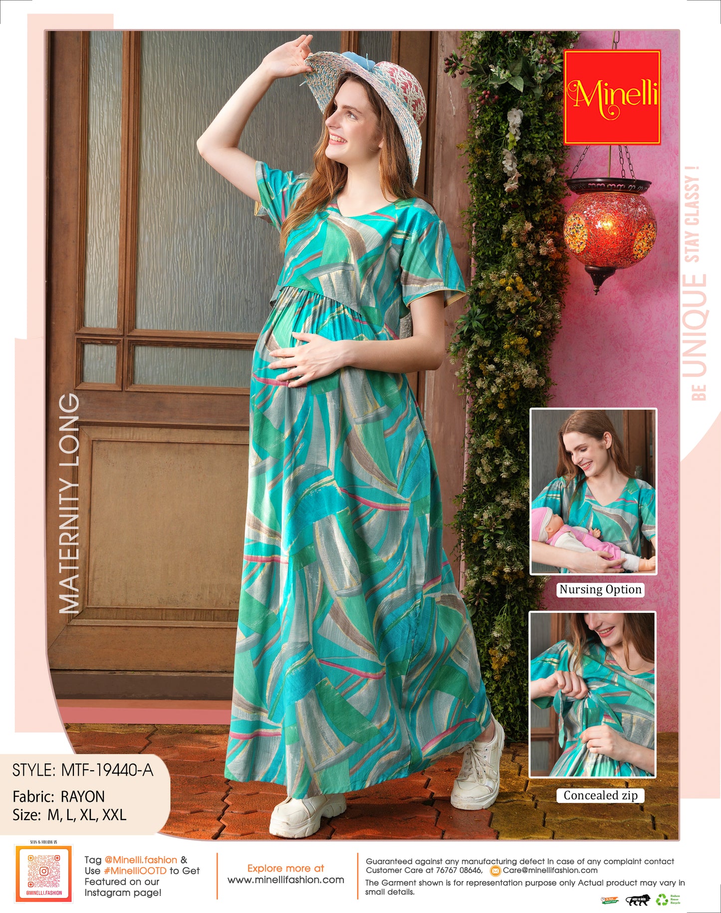 Womens Printed Maternity Long Gown - Sea Green