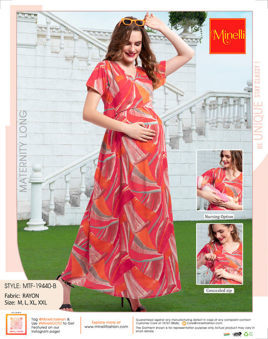 Womens Printed Maternity Long Gown - Orange