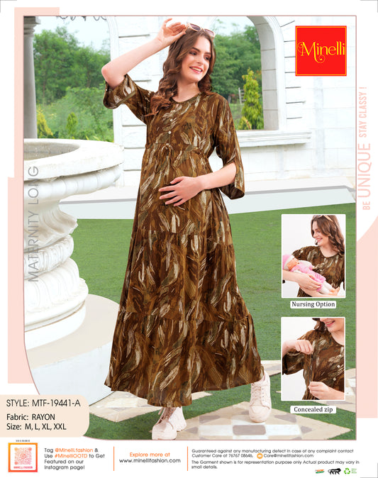 Womens Printed Maternity Long Gown - Khaki