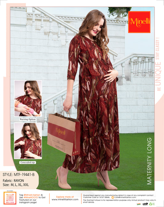 Womens Printed Maternity Long Gown - Maroon