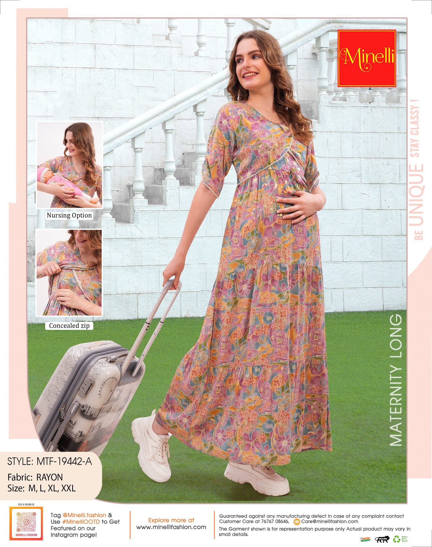 Womens Printed Maternity Long Gown - Pink