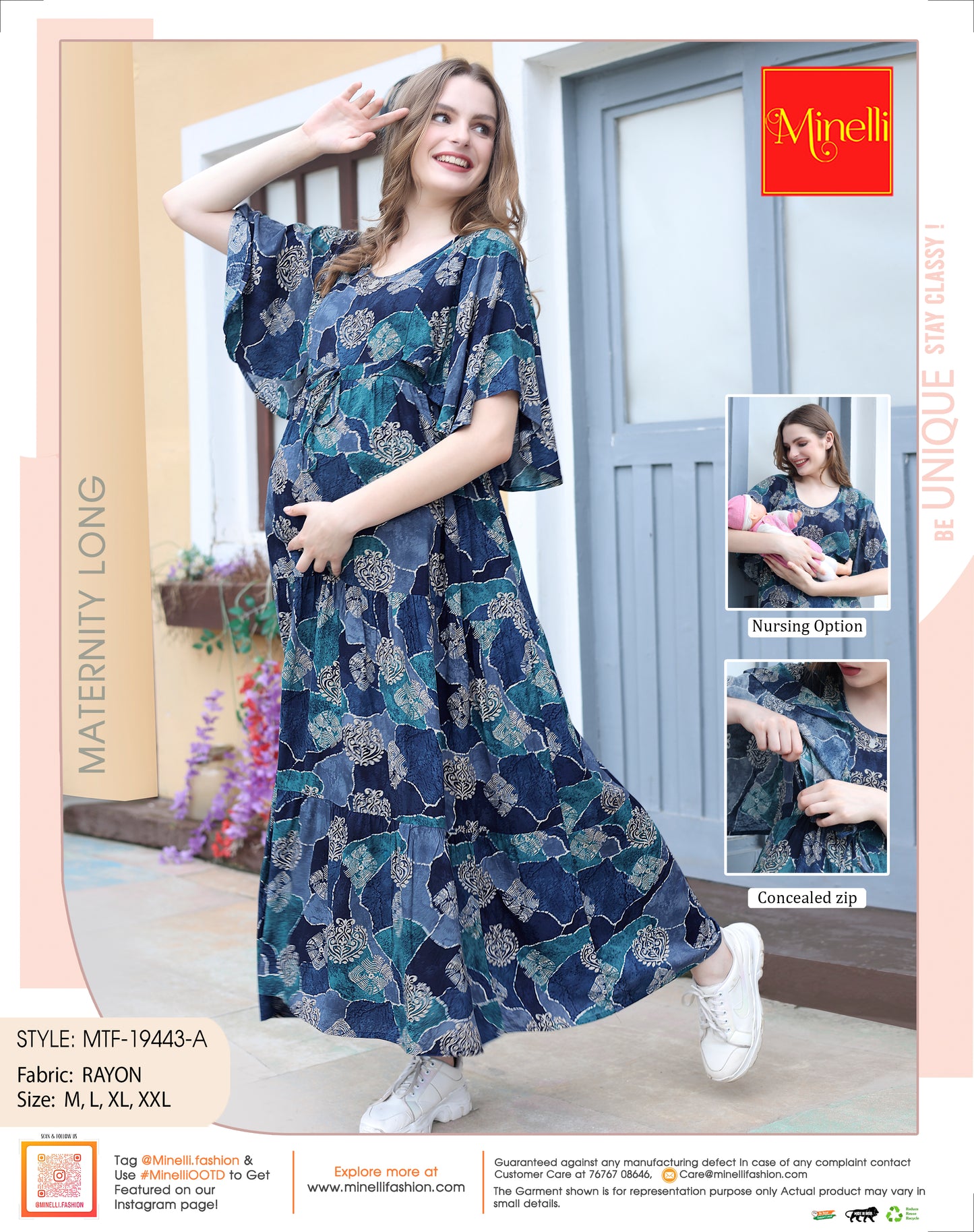 Womens Printed Maternity Long Gown - Blue