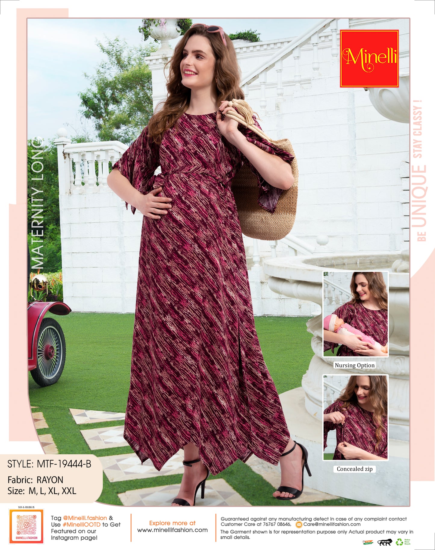 Womens Printed Maternity Long Gown - Maroon