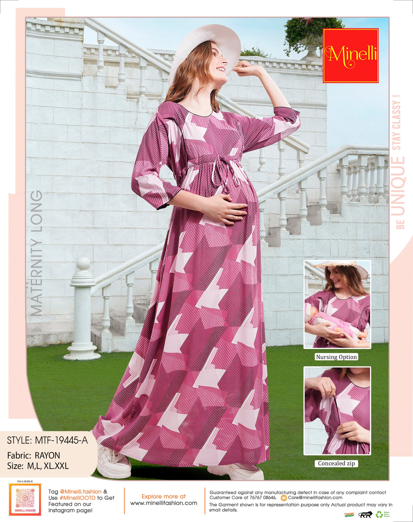 Womens Printed Maternity Long Gown - Magenta