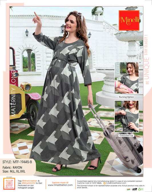 Womens Printed Maternity Long Gown - Charcoal