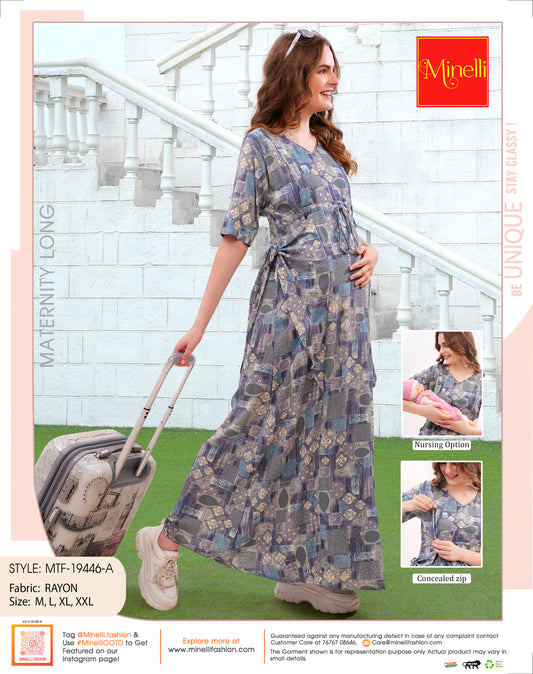 Womens Printed Maternity Long Gown - Multi