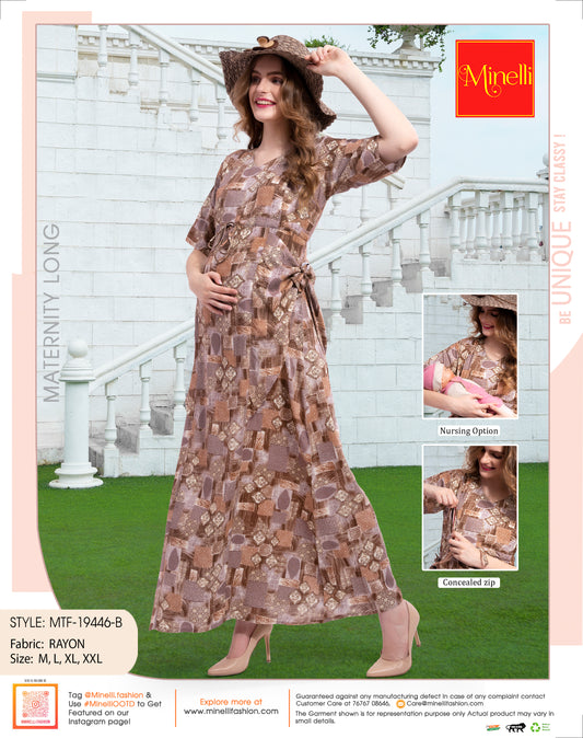 Womens Printed Maternity Long Gown - Brown