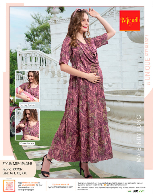 Womens Printed Maternity Long Gown - Magenta