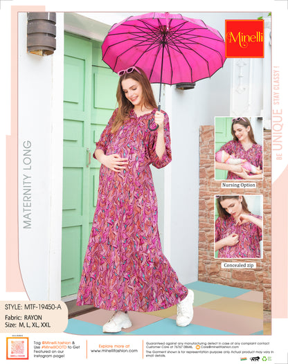 Womens Printed Maternity Long Gown - Fuchsia