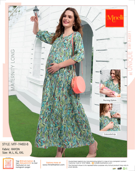 Womens Printed Maternity Long Gown - Sea Green