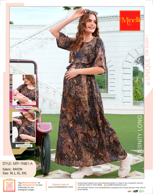 Womens Printed Maternity Long Gown - Coffee