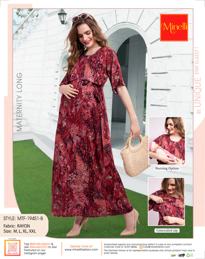 Womens Printed Maternity Long Gown - Maroon