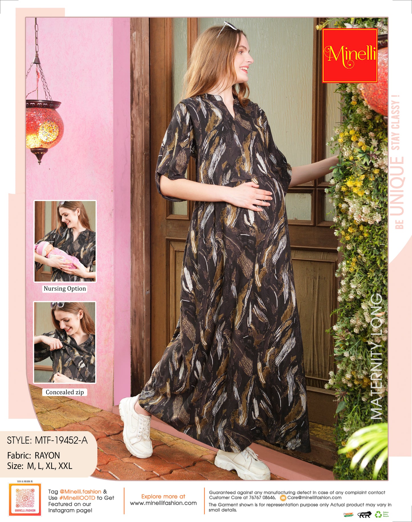 Womens Printed Maternity Long Gown - Coffee