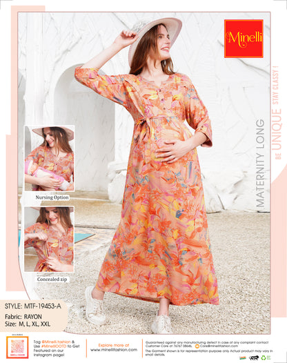 Womens Printed Maternity Long Gown - Peach