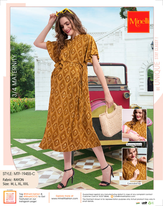 Mustard-Colored Maternity 3/4th Gown