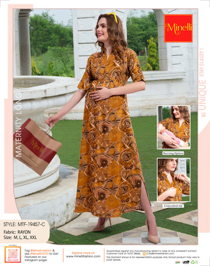 Womens Printed Maternity Long Gown - Mustard