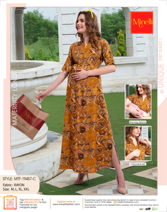 Womens Printed Maternity Long Gown - Mustard