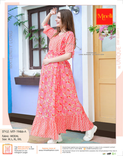 Womens Printed Maternity Long Gown - Pink