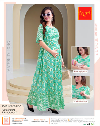 Womens Printed Maternity Long Gown - S.Green