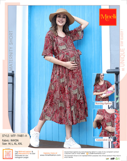 Maroon-Colored Maternity 3/4th Gown