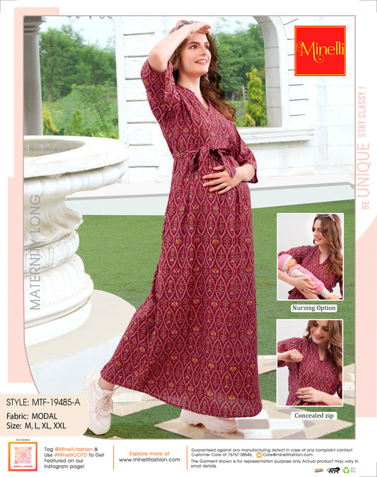 Womens Printed Maternity Long Gown - Red