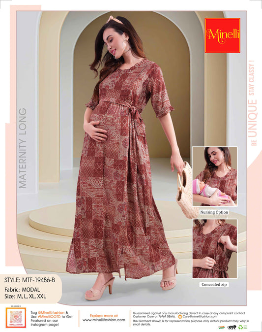 Womens Printed Maternity Long Gown - Brown