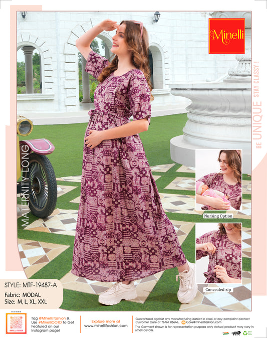 Womens Printed Maternity Long Gown - Wine