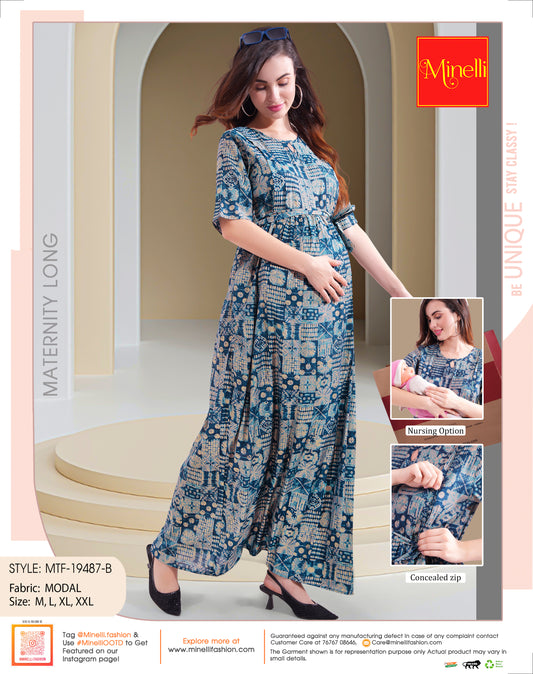 Womens Printed Maternity Long Gown - Indigo