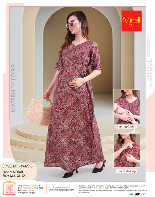 Womens Printed Maternity Long Gown - Maroon