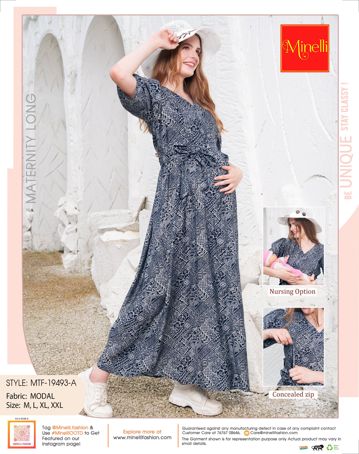 Womens Printed Maternity Long Gown - Navy